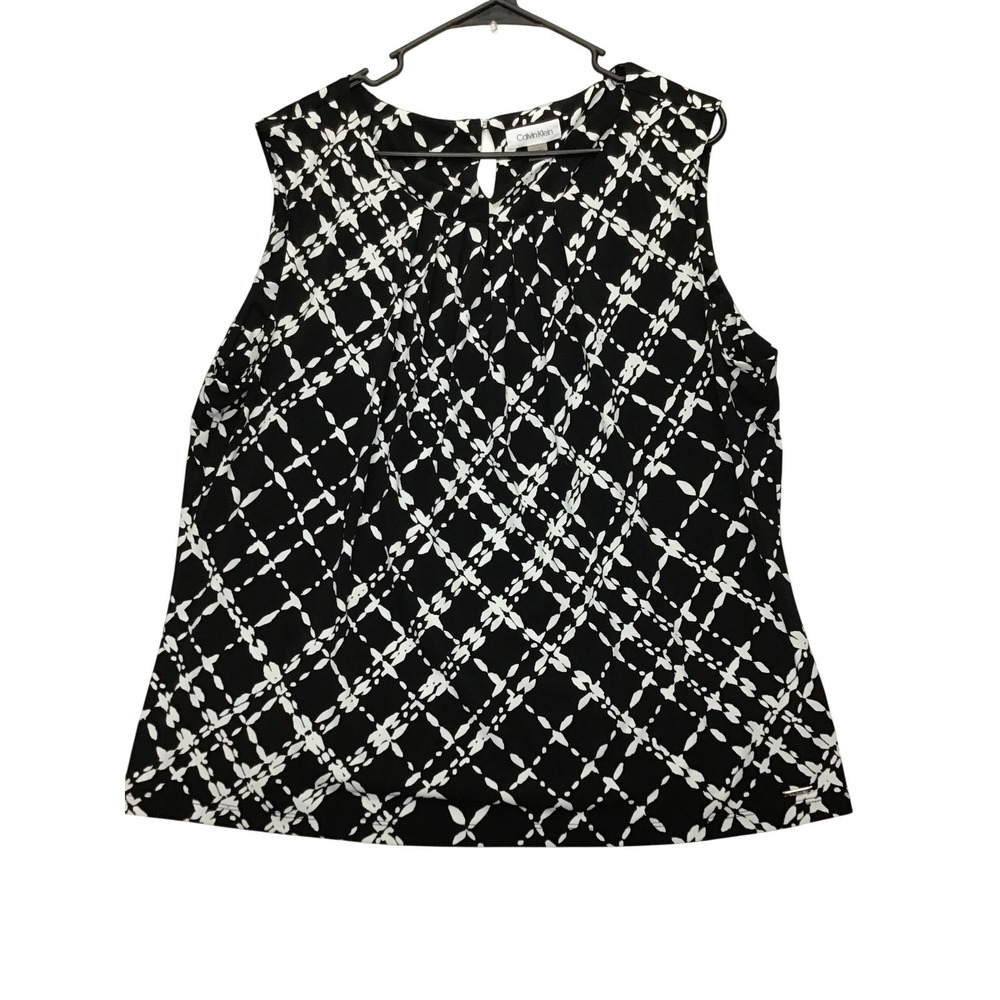 Calvin Klein Womens 2X Black White Geometric Pleated Keyhole Sleeveless Blouse